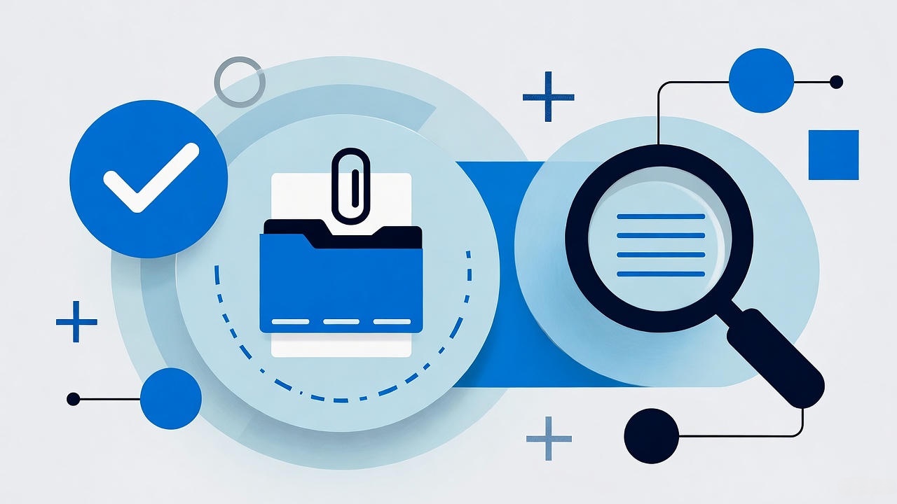 Modern flat design concept showing document folder with paperclip, magnifying glass inspecting text, and blue checkmark icon, symbolizing data management, file organization, and digital document search verification process in business workflow.